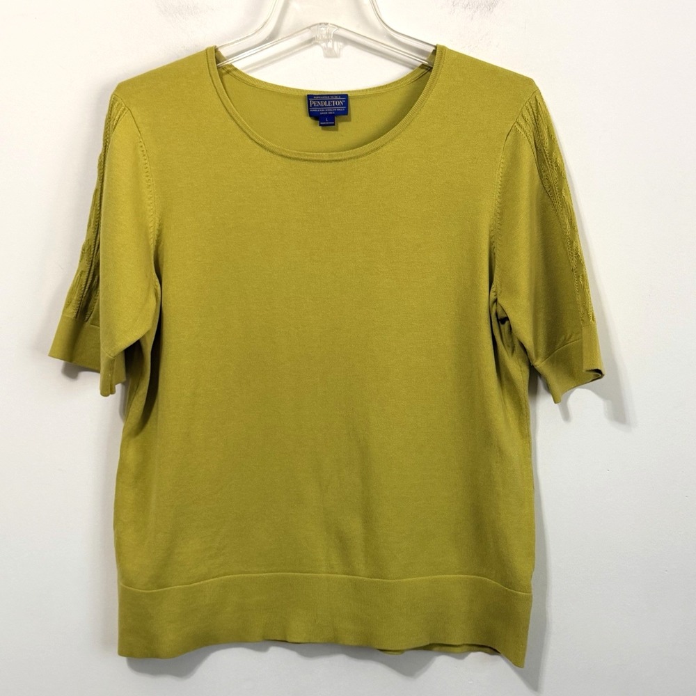 Pendleton Sweater‎ Knit Top L Chartreuse Silk Blend Short Sleeve Pullover Casual